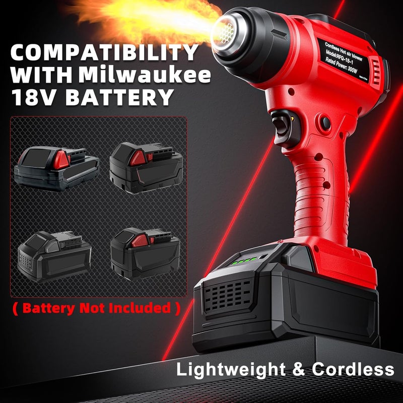 Samvinor Cordless Heat Gun for Milwaukee 18V Battery, 350W 1022°F (550°C) Soldering Heat Gun, Variable Temperature Control Hot Air Gun Kit with 4 Nozzles and Scraper, for Shrink Tubing, PVC Wrap(NO Battery) - Image 2